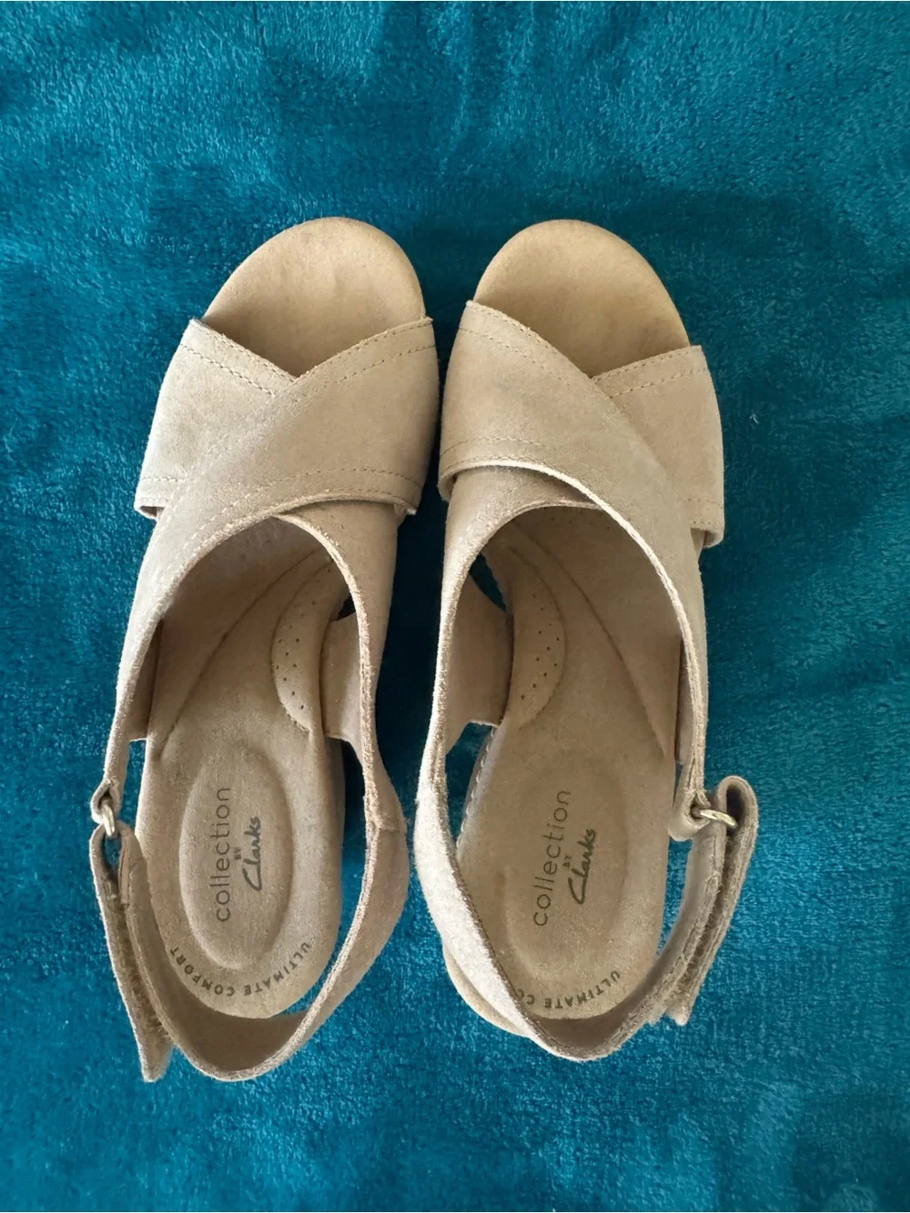 Clarks Beige Suede Cork Wedge Sandals, size 7